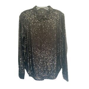 Halogen Dark Black Sequin Button Down Shirt Sz  M